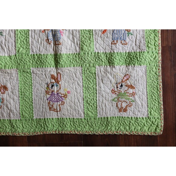 Vintage Peter Rabbit Cross Stitch Hand Embroidered Baby Quilt  Blanket 39X29 - Picture 4 of 15